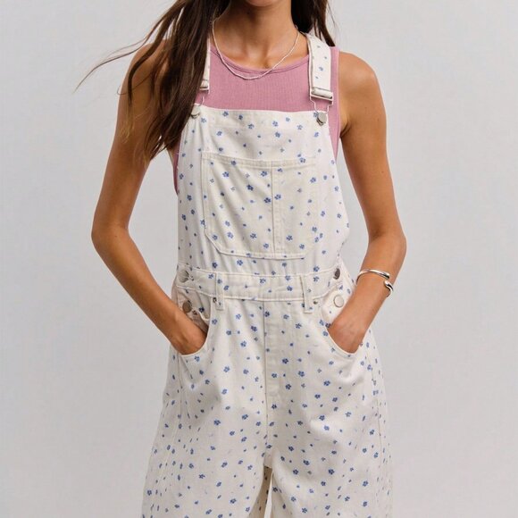 Multicolor Casual Women's ditsy Floral Print Wide-Leg Denim Overalls jumpsuit - Picture 4 of 8